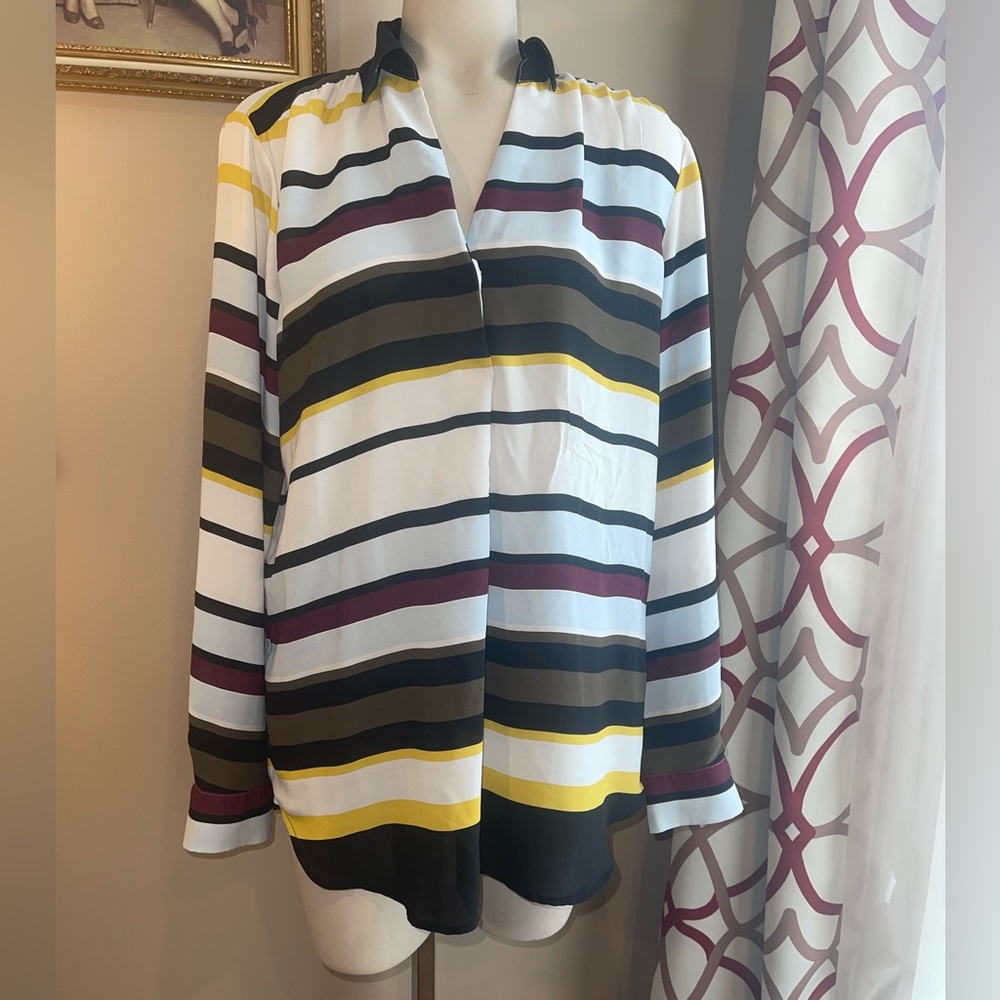 Ann Taylor Factory Black multi color striped 1/4 button lightweight blouse top M